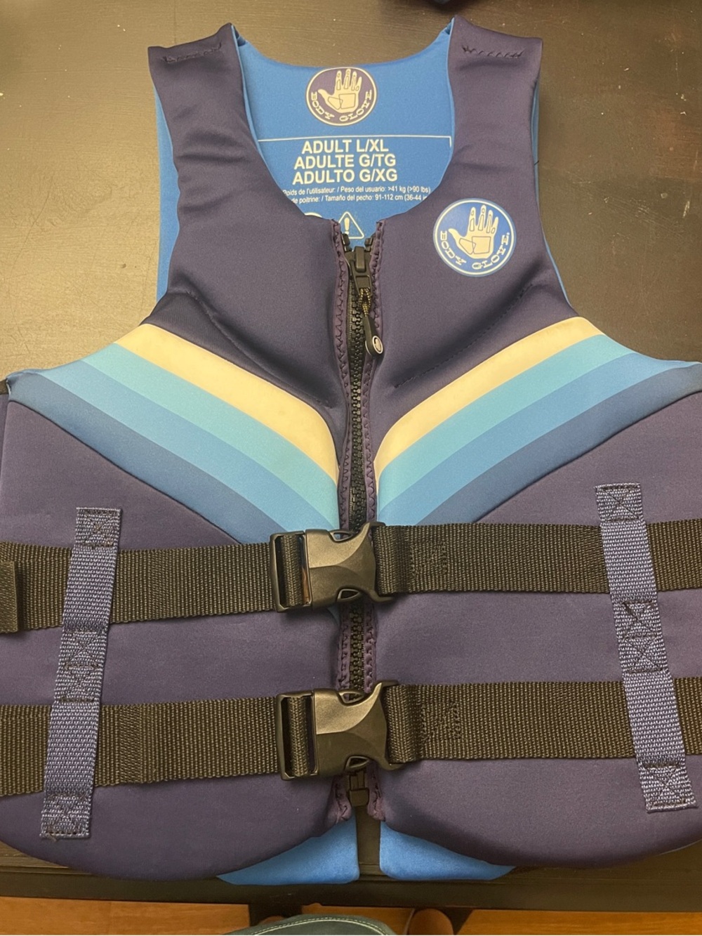 Adult L/XL Blue Neoprene Life Vest with Light Blue Stripes